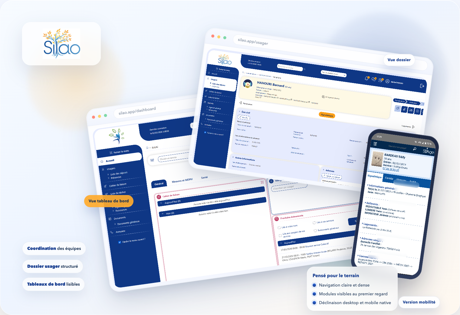 Montage moderne de l'interface Silao avec tableau de bord et dossier usager